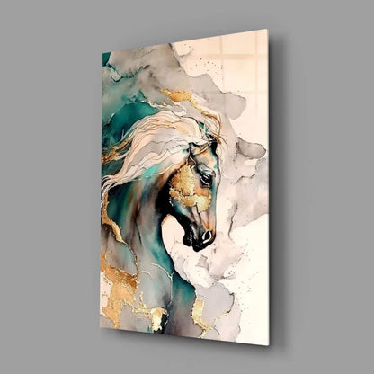 Modern abstract horse with flowing white mane in teal gold gray watercolor wall art