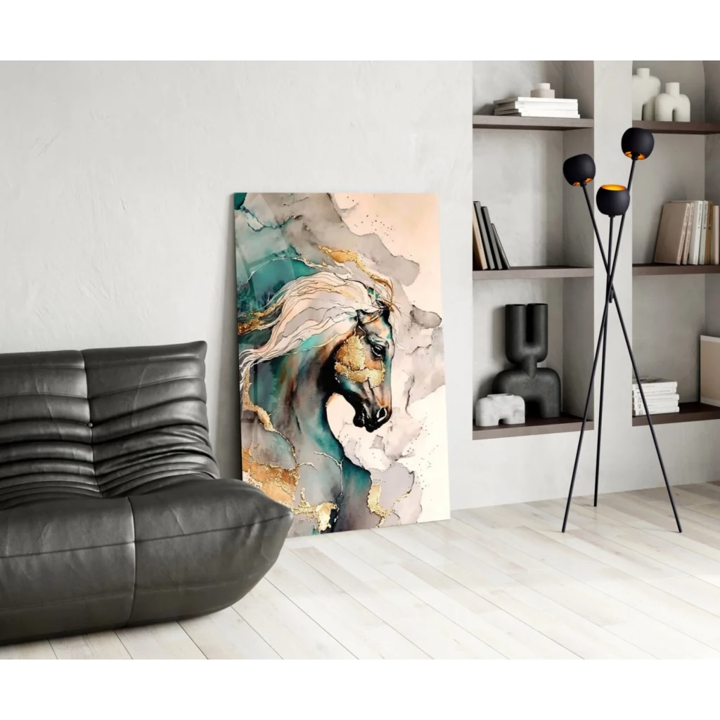 Vibrant abstract horse wall art in flowing teal, gold, beige hues on canvas