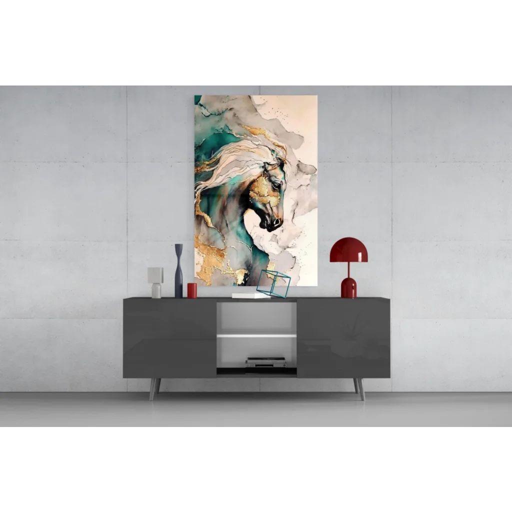 Vibrant abstract teal gold horse canvas wall art with flowing mane