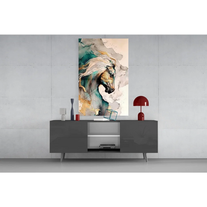 Vibrant abstract teal gold horse canvas wall art with flowing mane