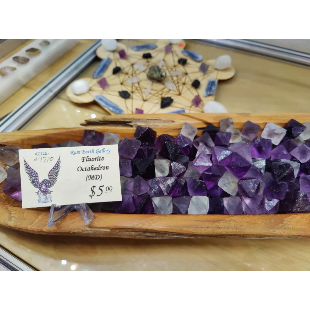 Purple and clear fluorite octahedrons in wooden tray, Fluorite Octahedron MD