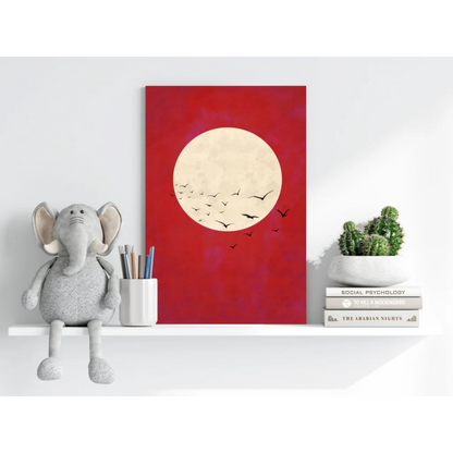 Red moon birds flight insigne aluminum print with cream moon and black bird silhouettes