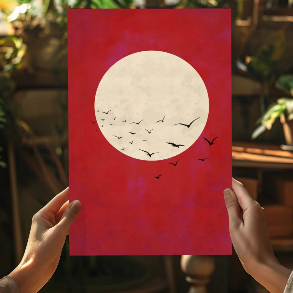 Vibrant red moon birds flight on Insigne aluminum prints