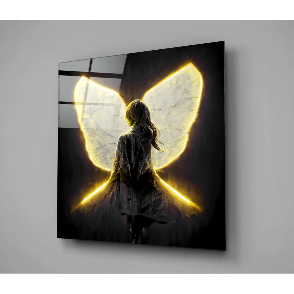Glowing golden butterfly angel wings glass wall art silhouette