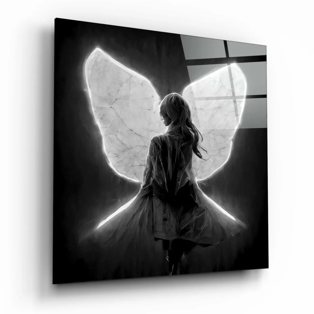 Black-framed glass wall art of luminous marble-textured angel wings