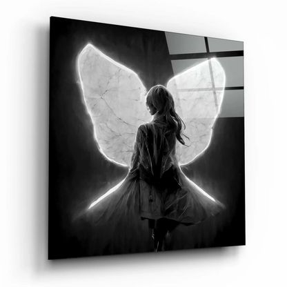 Black-framed glass wall art of luminous marble-textured angel wings