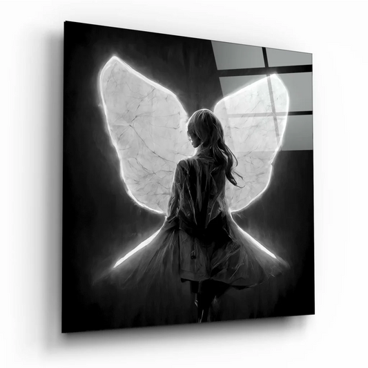 Black-framed glass wall art of luminous marble-textured angel wings