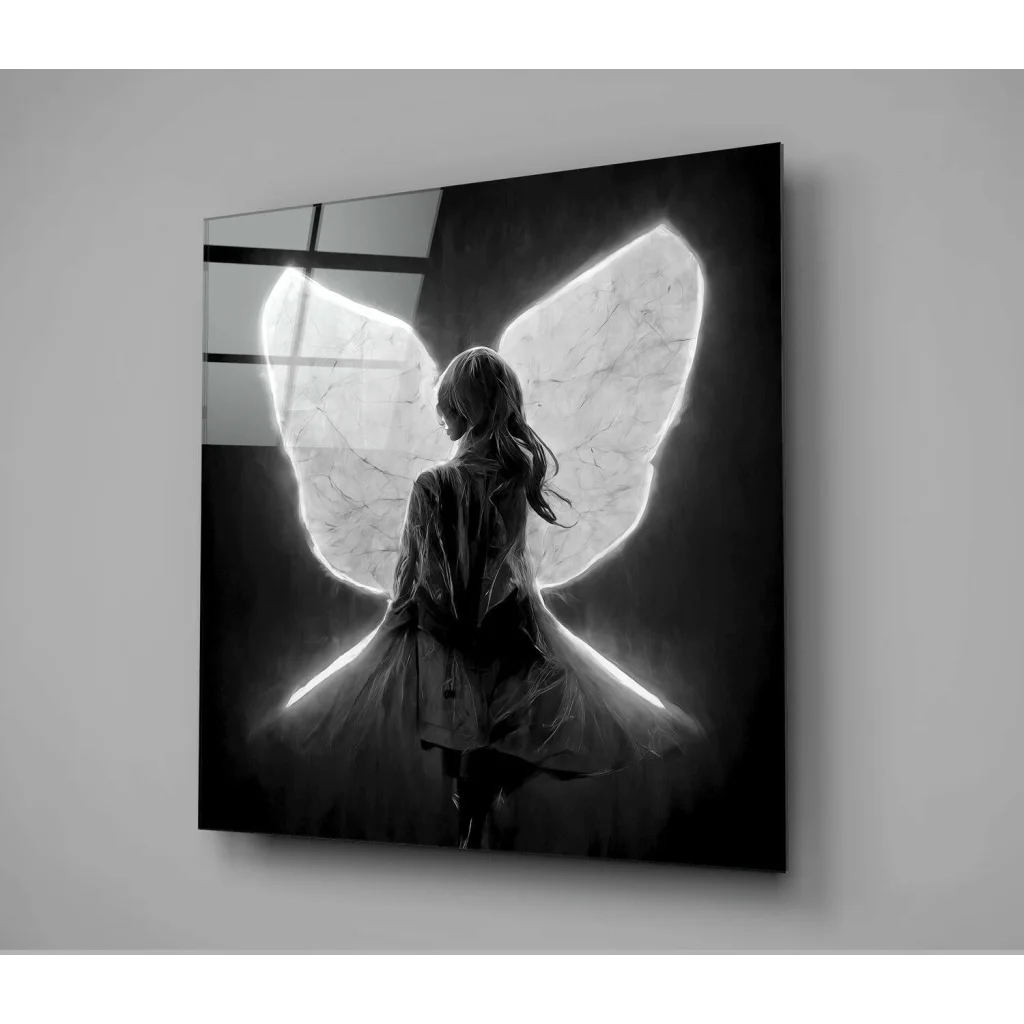 Black-and-white angel wings glass wall art with luminous marble texture in frame