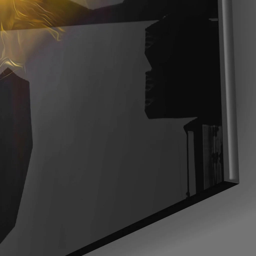 Dark gray screen with white border and golden glow in Glowing Angel Wings glass wall art