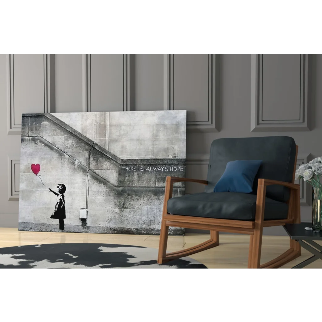 Child with red heart balloon on stairs canvas wall art There is always hope
