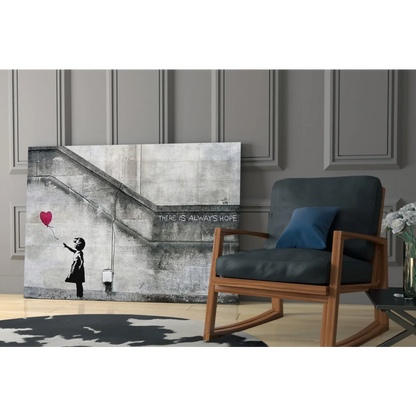 Child with red heart balloon on stairs canvas wall art There is always hope