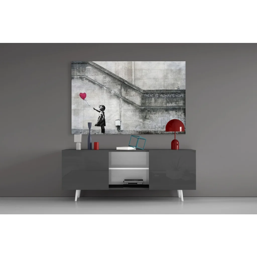 Gray minimalist console table with white legs and open shelving under There Is Always Hope heart balloon wall art