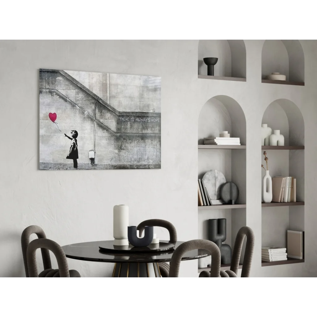 Child with red heart balloon on concrete stairs wall art print There is always hope