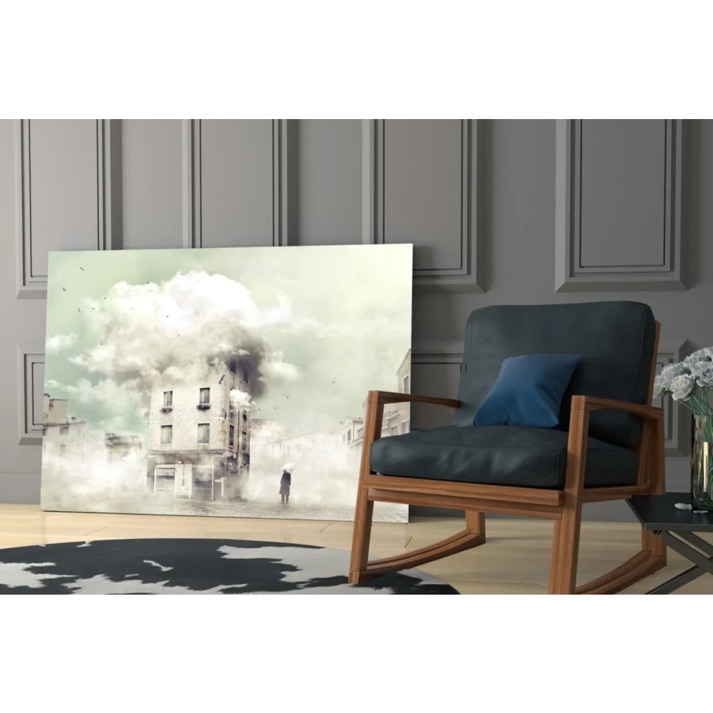 Surreal city scenes in Misty Urban glass wall art with rocking chair