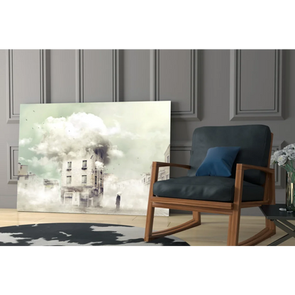 Surreal city scenes in Misty Urban glass wall art with rocking chair
