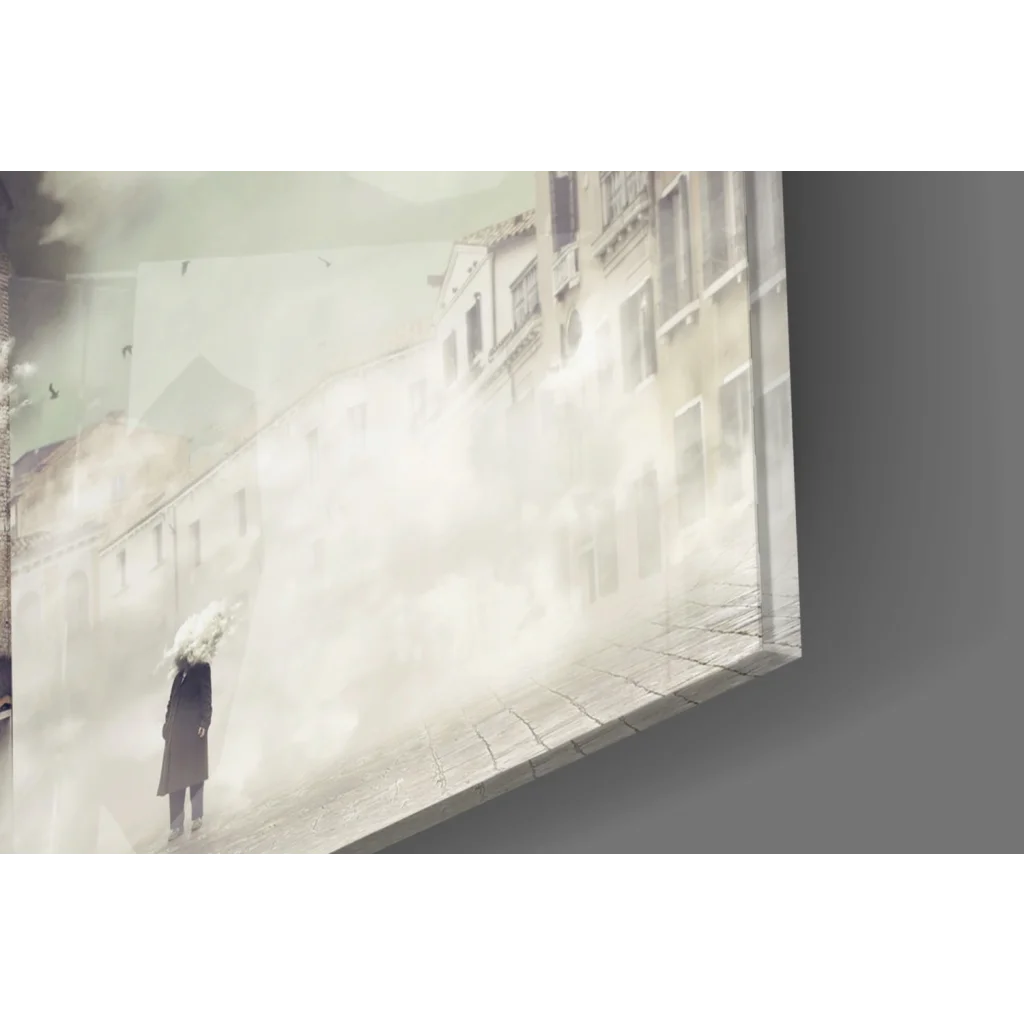 Misty monochrome lone figure in fog on cobblestone street, surreal glass wall art