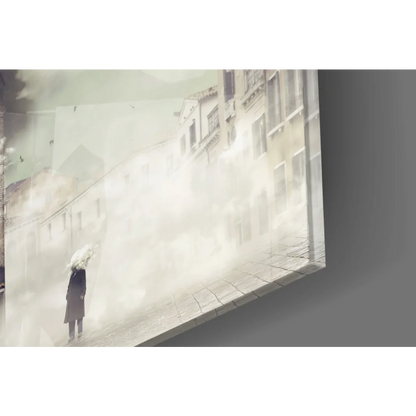Misty monochrome lone figure in fog on cobblestone street, surreal glass wall art