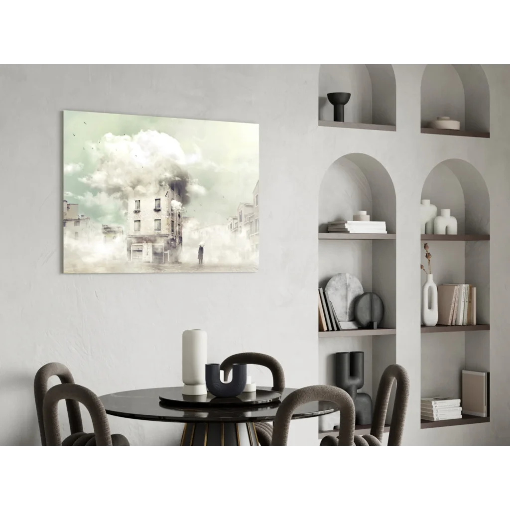 Misty urban glass wall art with watercolor city scene in muted greens and grays