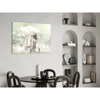Misty urban glass wall art with watercolor city scene in muted greens and grays