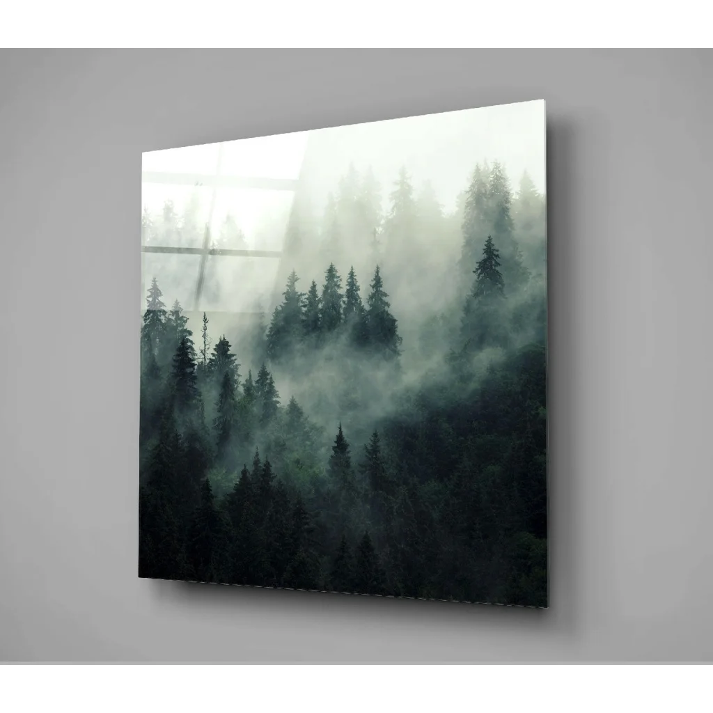 Misty Forest glass wall art with ethereal pine trees in fog