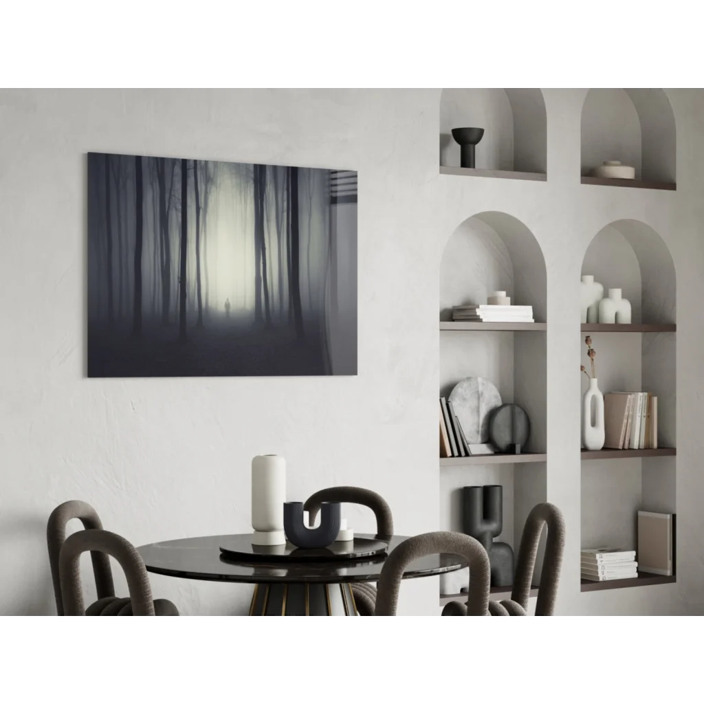 Misty forest glass wall art with ethereal tree silhouettes on canvas