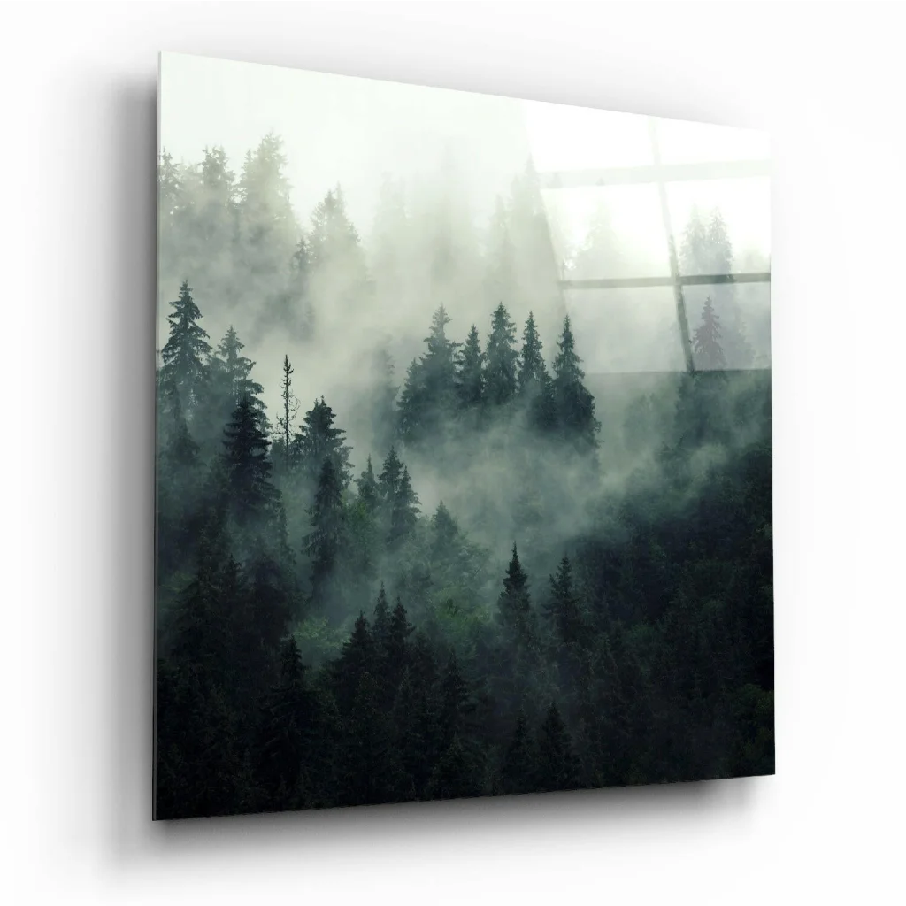 Misty Forest glass wall art with ethereal pine trees in mist