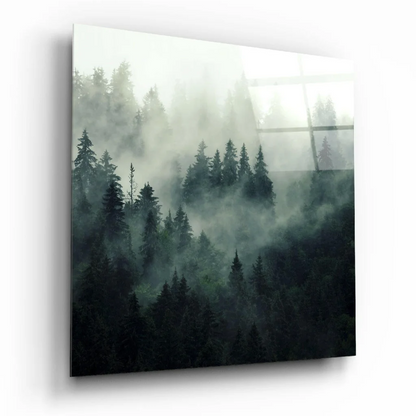 Misty Forest glass wall art with ethereal pine trees in mist