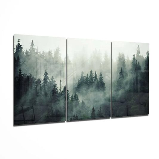 Misty forest glass wall art three-panel canvas in muted greens and grays