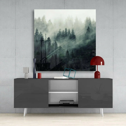Modern matte gray console table with white tapered legs under Misty Forest glass wall art