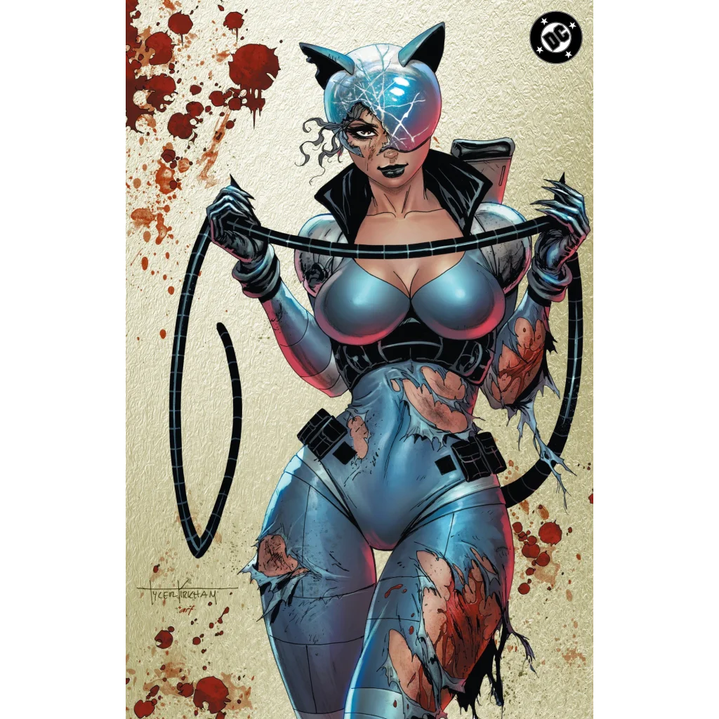 Catwoman in metallic blue black armored suit Tyler Kirkham exclusive