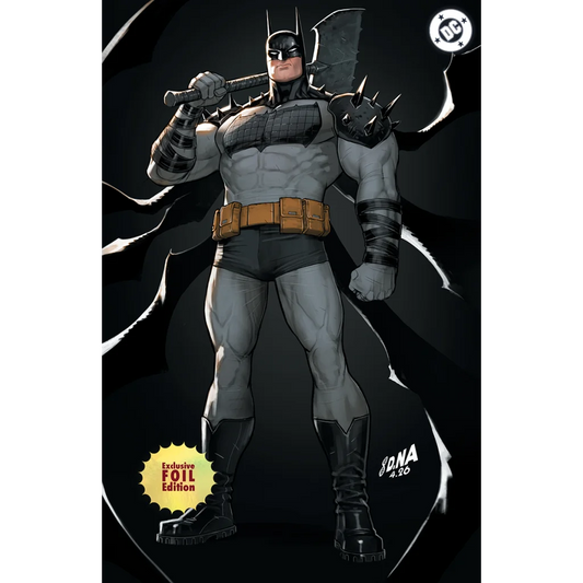 Black armored batman with spiked bat weapon over shoulder in gray tactical suit on david nakayama exclusive absolute batman cover