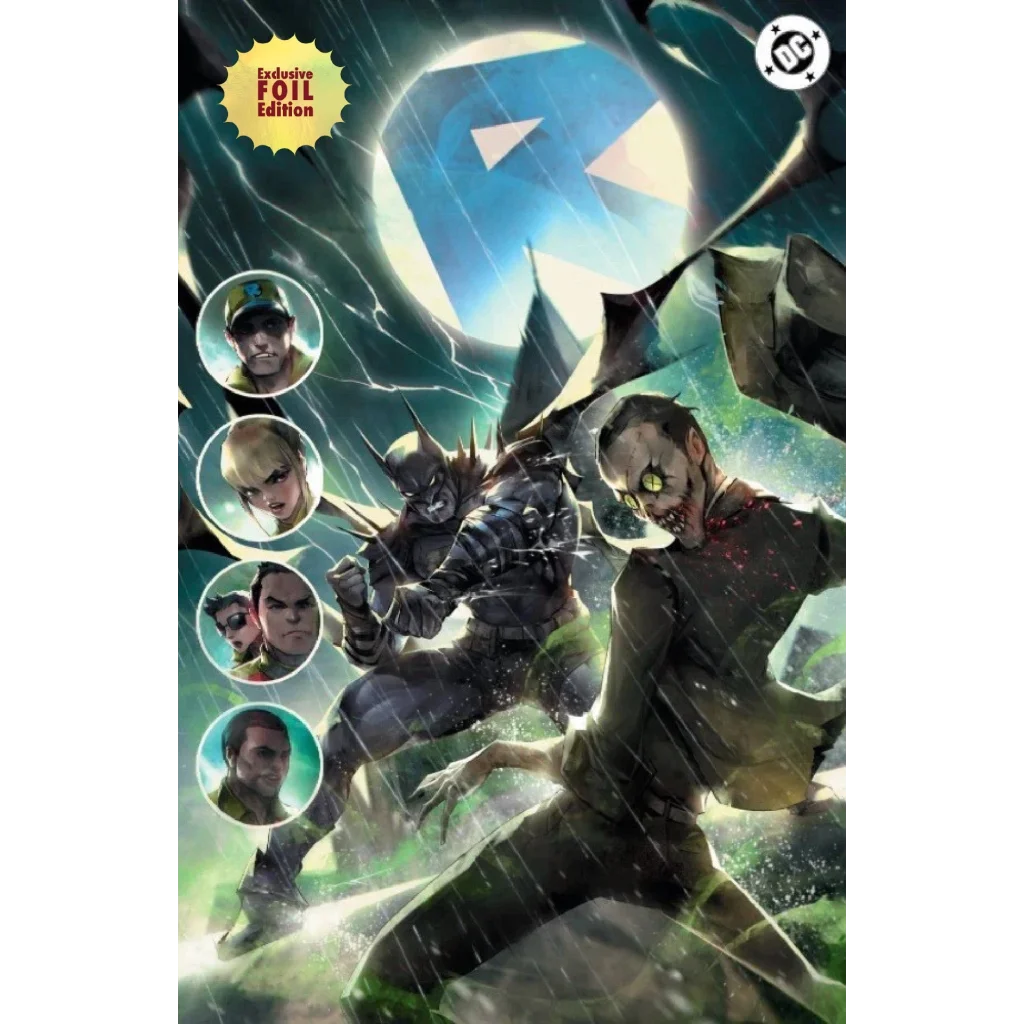 Cover art of dc comics absolute batman 20 ivan tao exclusive foil edition featuring batmobile and iconic characters in battle