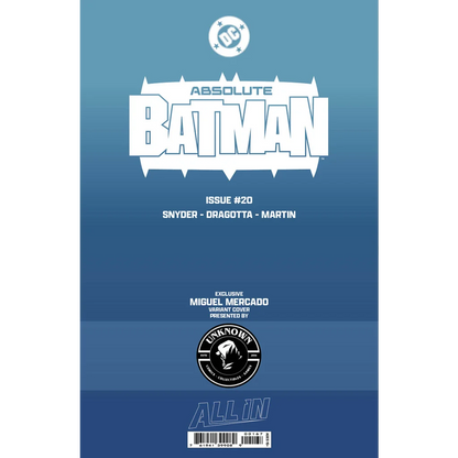 Blue absolute batman comic cover featuring bold white lettering and miguel mercado exclusive variant by unknown comics