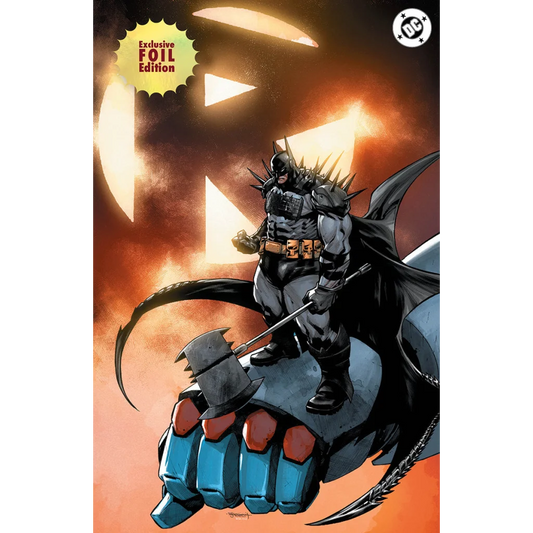 Batman in black and gray armored suit with red accents stands on blue fist holding axe in fanexpo denver exclusive comic cover