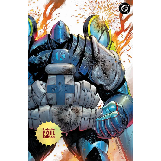 Blue and silver armored superhero in dynamic battle pose with glowing energy on tyler kirkham exclusive absolute batman cover