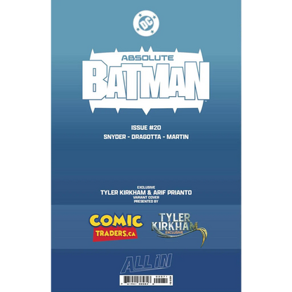Blue absolute batman #20 comic book cover with white lettering and dc logo featuring tyler kirkham exclusive artwork