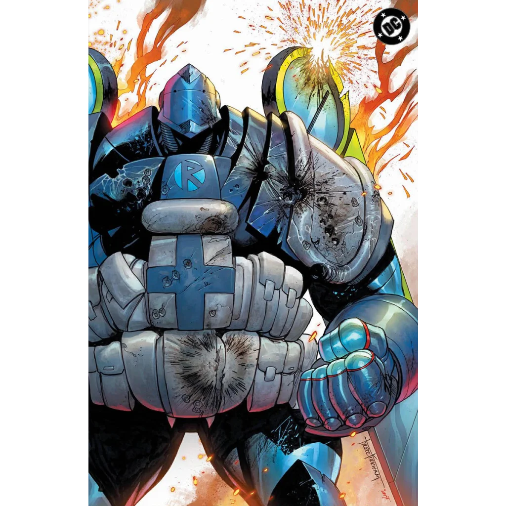 Blue and silver armored superhero in battle-worn suit with glowing effects on tyler kirkham exclusive absolute batman comic
