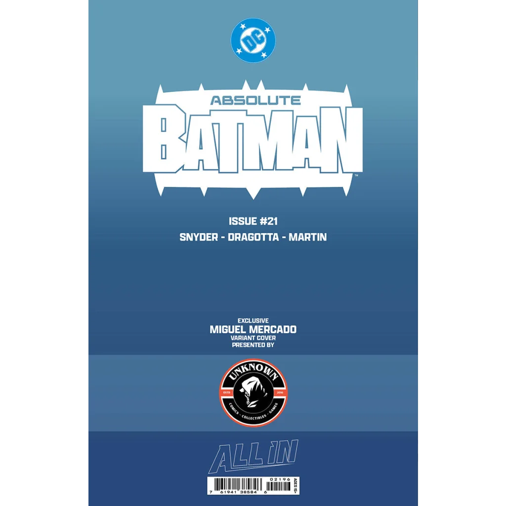 Blue absolute batman comic book cover with white stylized lettering and circular logo featuring miguel mercado exclusive