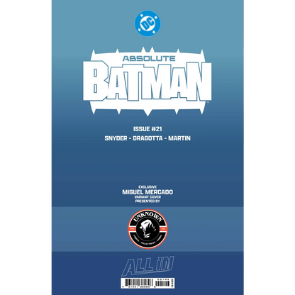 Blue absolute batman comic book cover with white stylized lettering and circular logo featuring miguel mercado exclusive