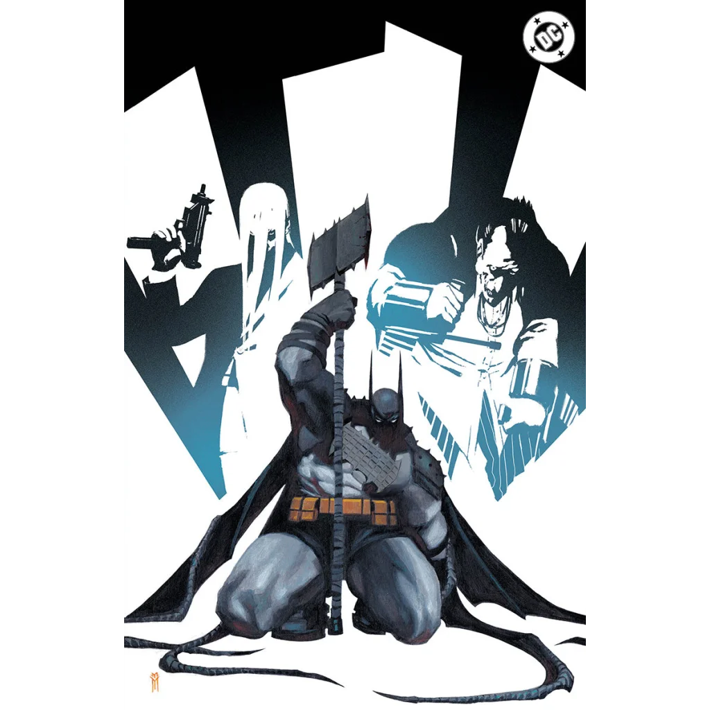 Batman in dark gray and black suit kneeling with an axe on the miguel mercado exclusive absolute batman #21 cover