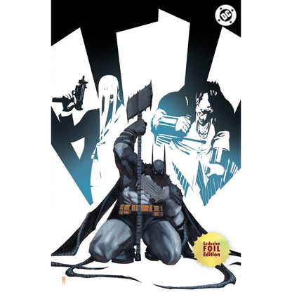 Batman in dark gray and black suit with cape kneeling and holding an axe on miguel mercado exclusive absolute batman cover
