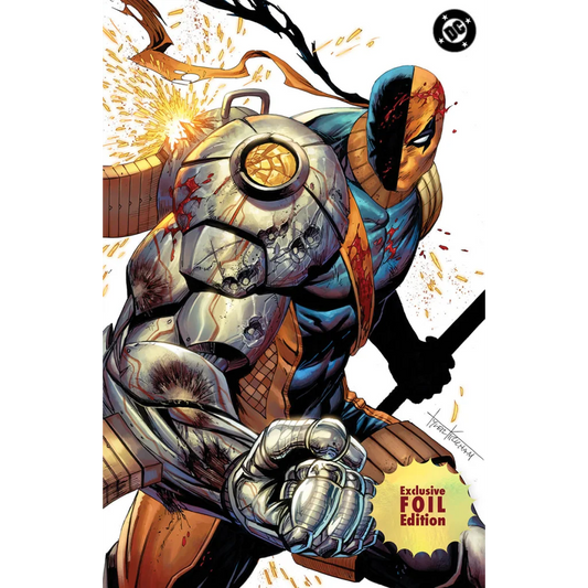 Foil absolute batman 21 tyler kirkham exclusive battle damaged deathstroke in blue orange armor with blood splatters