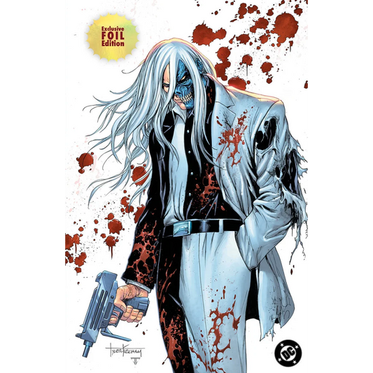 Comic book cover featuring tyler kirkham exclusive battle damaged two-face with blue skull face and torn gray suit