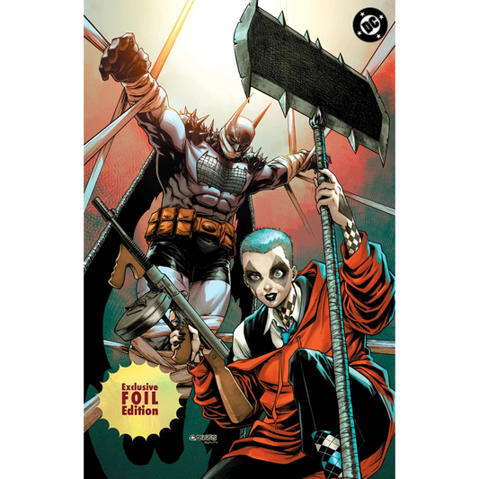 Batman in black and gray armored suit with orange belt stands behind Joker in orange jacket on absolute batman creees exclusive comic cover