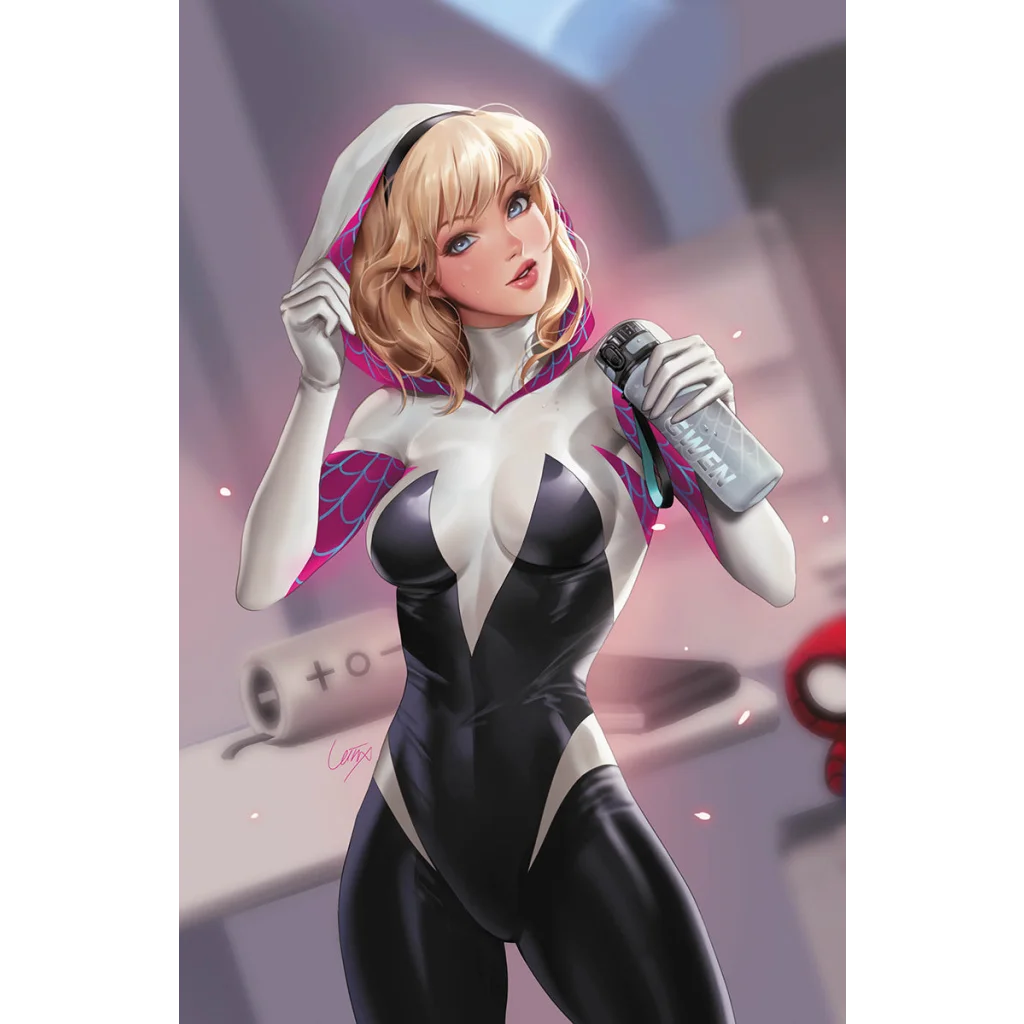 Blonde woman in Spider-Gwen suit holding water bottle at NYCC for Amazing Spider-Man 32 comics Leirix exclusive