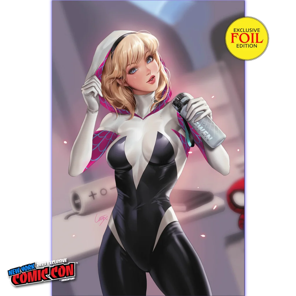 Comic book cover with blonde woman in Spider-Gwen suit for Comics Leirix exclusive NYCC