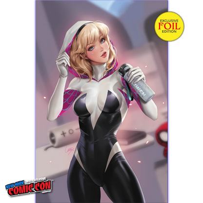 Comic book cover with blonde woman in Spider-Gwen suit for Comics Leirix exclusive NYCC