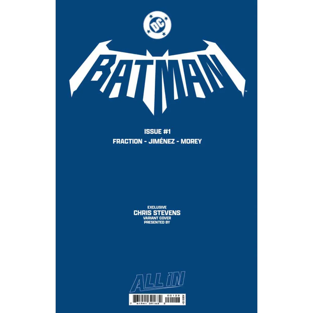 Foil Batman comic book cover with blue background and white Batman logo by Jorge Jimenez and Matt Fraction