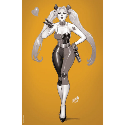 Stylized Harley Quinn illustration in two-tone outfit from Harley Quinn #22 by Matteo Lolli Stephanie Phillips