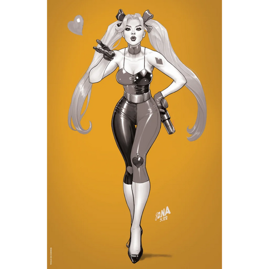 Stylized Harley Quinn illustration in two-tone outfit from Harley Quinn #22 by Matteo Lolli Stephanie Phillips